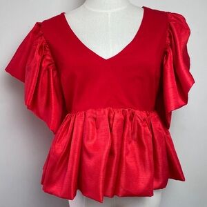 Anthropologie Sunday in Brooklyn Red Peplum Ruffled Flutter Sleeve V-Neck Blouse